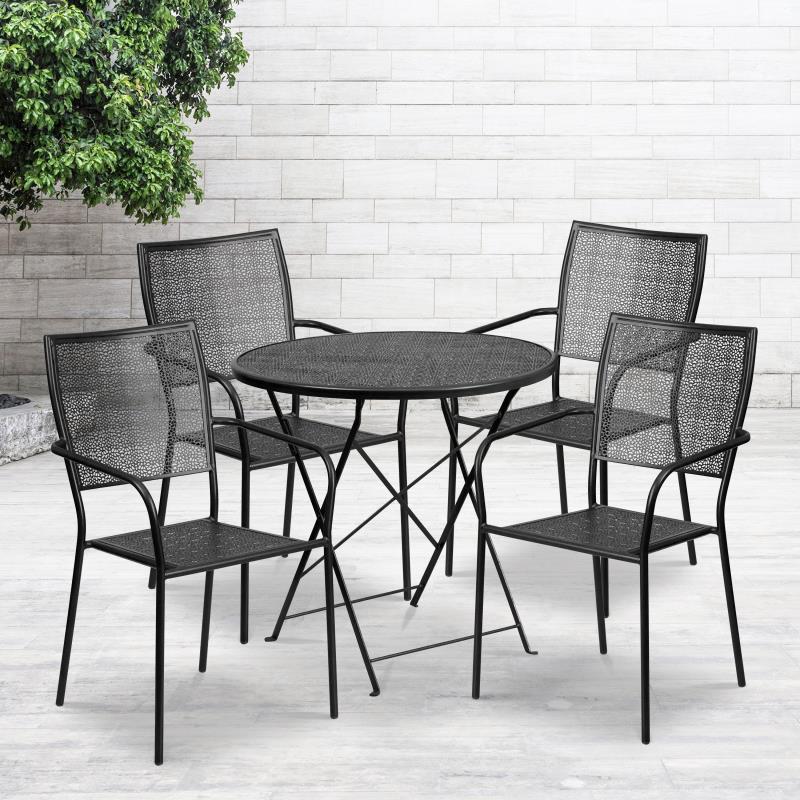 Oia Commercial Grade 30" Round Black Indoor-Outdoor Steel Folding Patio Table Set with 4 Square Back Chairs - Bestfurniturecart