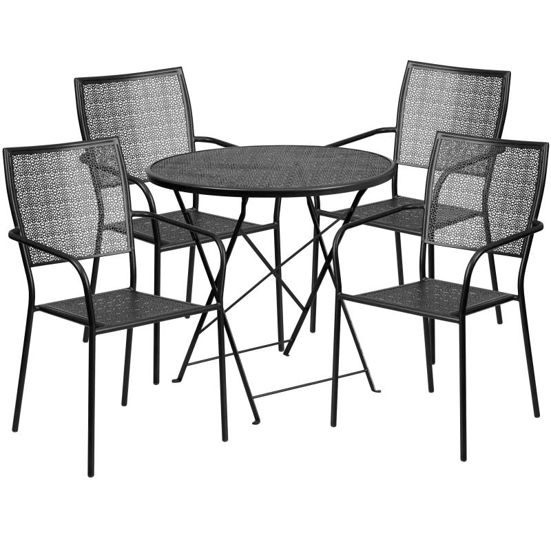 Oia Commercial Grade 30" Round Black Indoor-Outdoor Steel Folding Patio Table Set with 4 Square Back Chairs - Bestfurniturecart