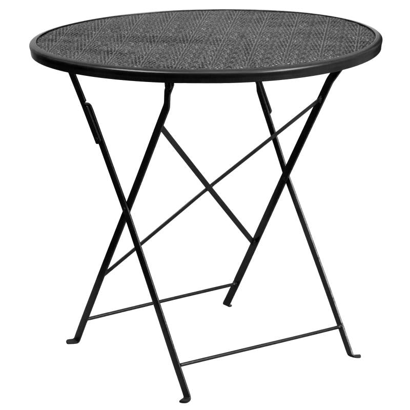 Oia Commercial Grade 30" Round Black Indoor-Outdoor Steel Folding Patio Table Set with 4 Square Back Chairs - Bestfurniturecart