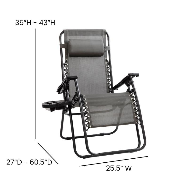 Celestial Adjustable Folding Mesh Zero Gravity Reclining Lounge Chair with Pillow and Cup Holder Tray in Gray, Set of 2 - Bestfurniturecart