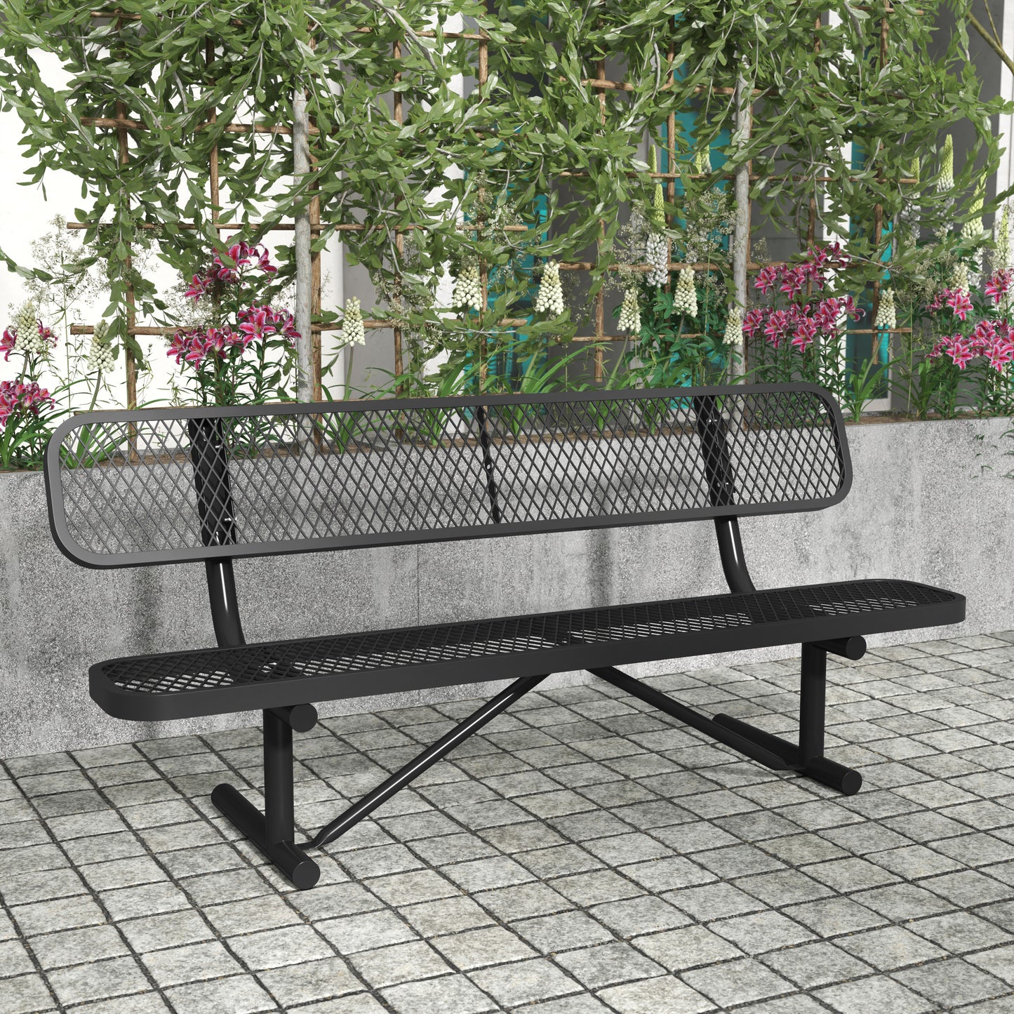 6' Black Metal Mesh Bench